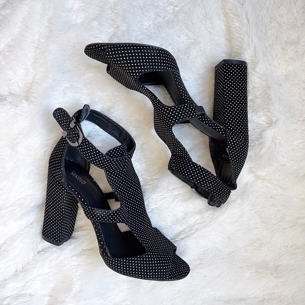 Baldi London Polka Dot Cage Sandal High Block Heel Open Toe Black White 8.5
